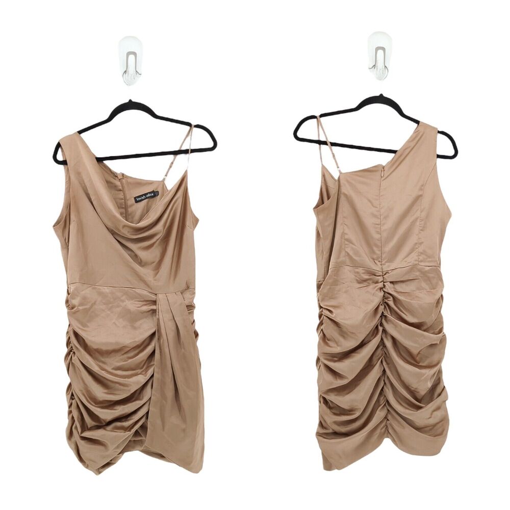 LAVISH ALICE Women 10 Satin Cowl Neck Dress Bronze Brown Gathered Mini Ruched